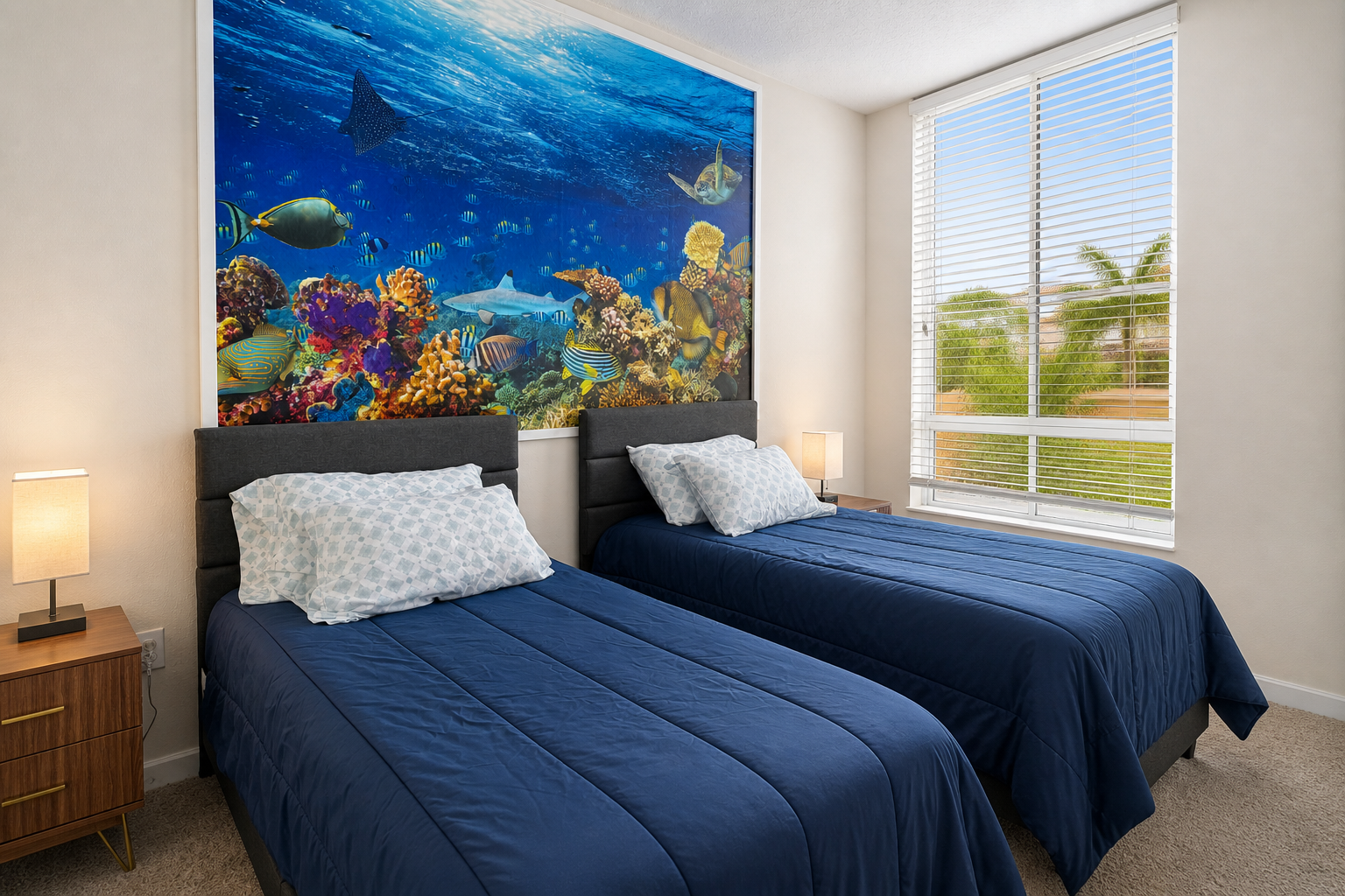 Second bedroom with two twin beds and ocean mural