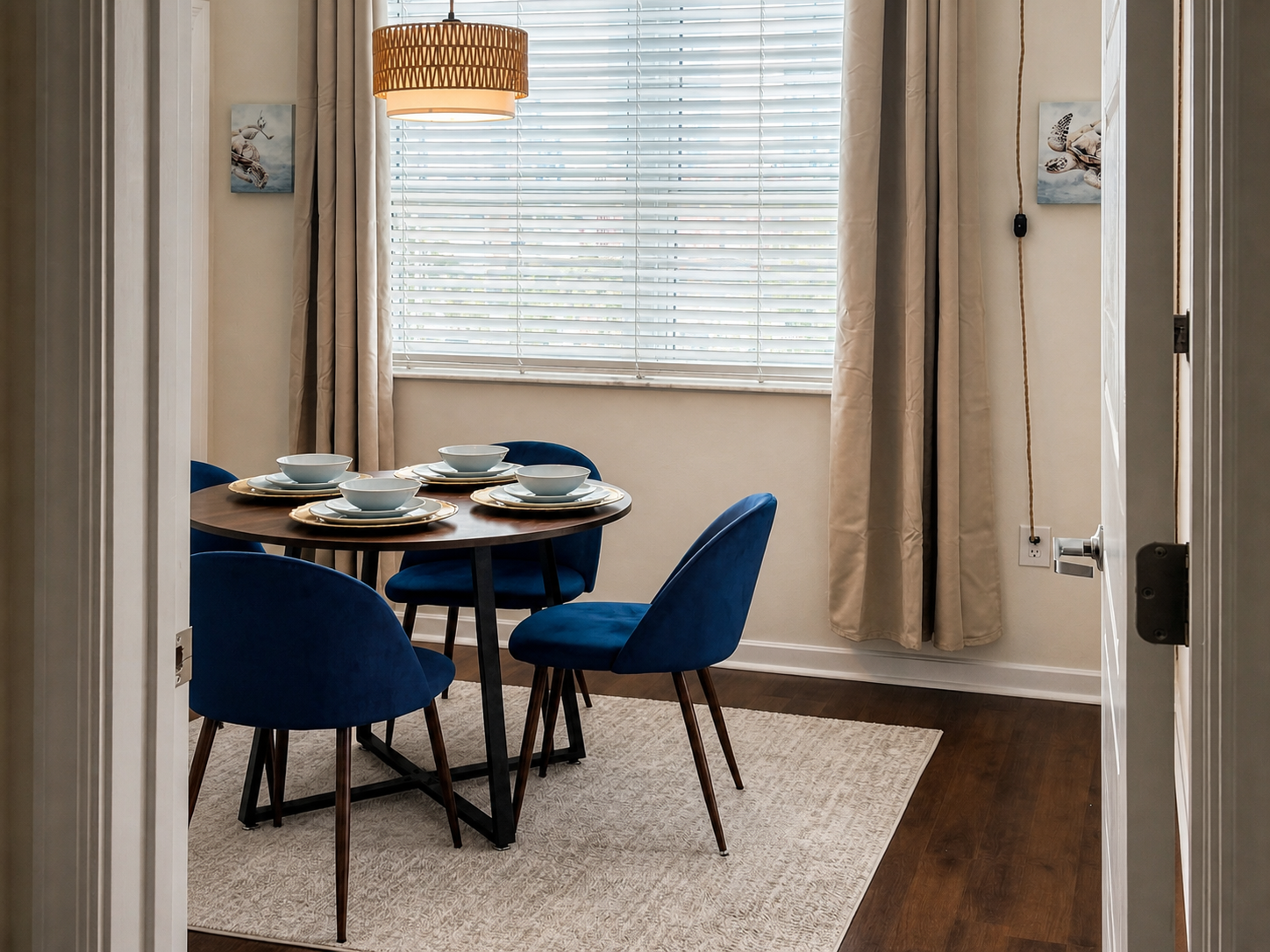 Dining area with blue velvet chairs
