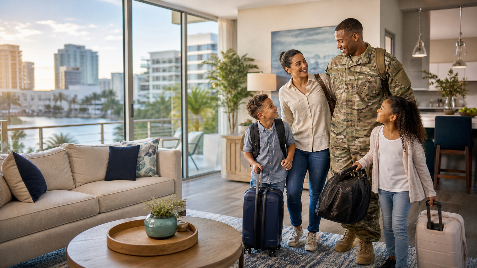 Military family arriving at luxury Channelside apartment